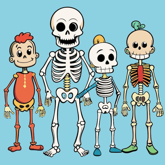 Vector a cartoon family of skeletons with different colored bones smiling on a yellow background