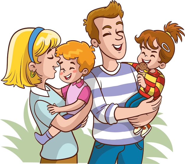 A cartoon family with a baby and a boy.