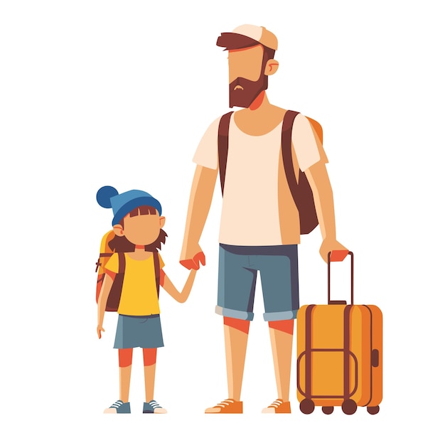 Cartoon family with children and dad carrying backpacks and suitcases vector illustration