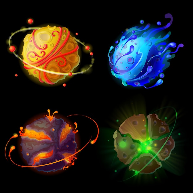 cartoon fantastic planets, worlds asteroids set. Cosmic, alien space elements