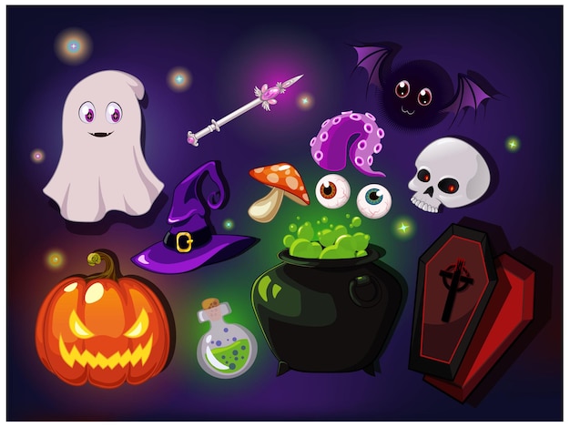 Cartoon fantasy magic icons for computer game. Witchcraft objects, gaming objects for app. Vector illustration.