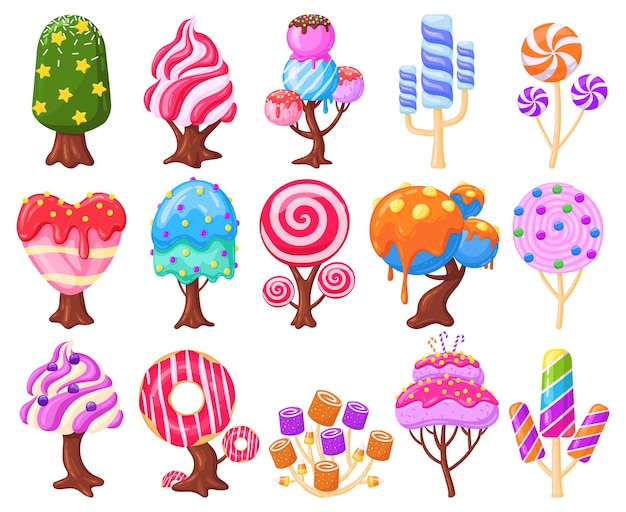 Cartoon fantasy sweet candy land caramel trees. Fantasy nature, game design sweet candy landscape elements vector illustration set. Caramel, ice cream and marshmallow trees