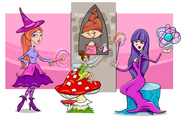 cartoon fantasy woman characters group