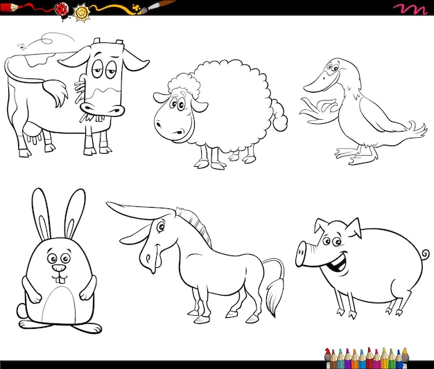 cartoon farm animal characters set coloring book page