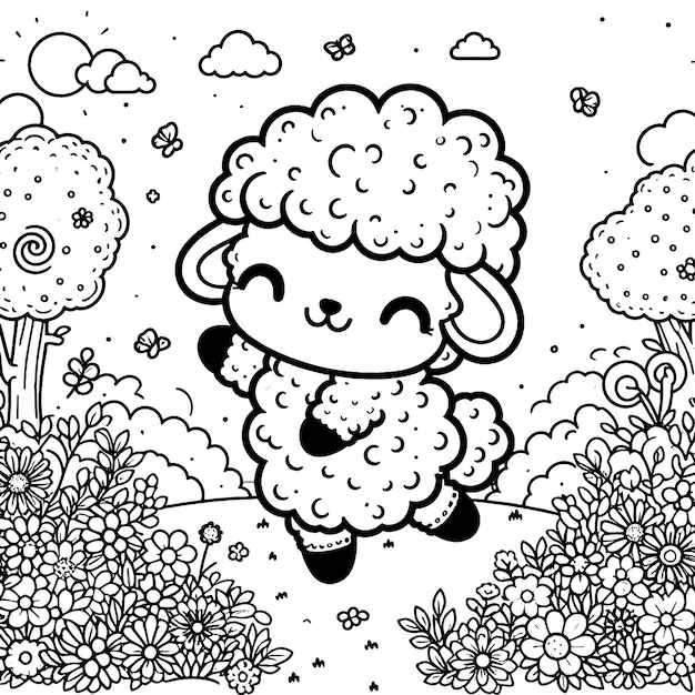 Cartoon farm animal sheep in the garden children coloring book generative ai