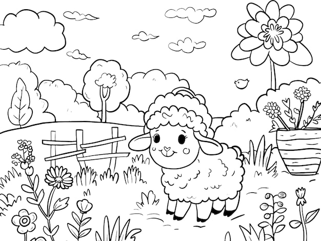 Cartoon farm animal sheep in the garden children coloring book generative ai