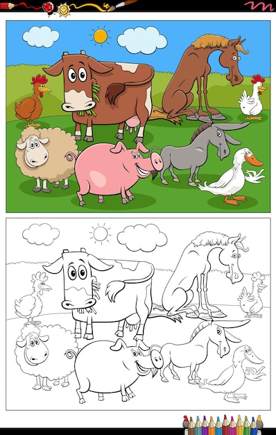 cartoon farm animals characters coloring book page