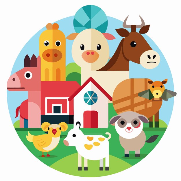 Cartoon farm animals in a circular composition with houses and green grass