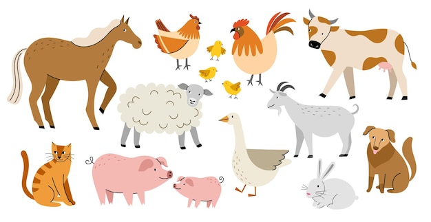 Cartoon farm animals Cute horse cow dog cat funny domestic birds hen rooster and chickens goose pigs and sheep country vector setjpg