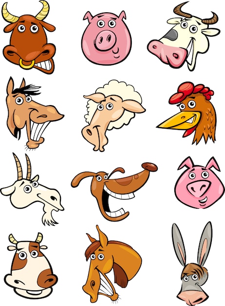 Cartoon farm animals heads set