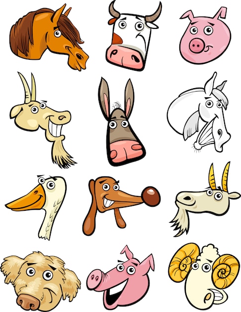 Cartoon farm animals heads set