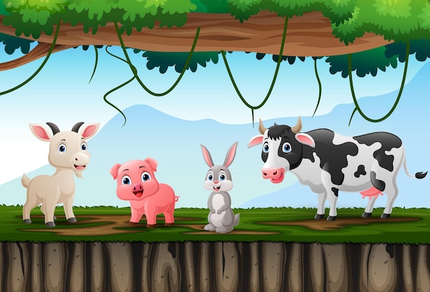 Cartoon farm animals in the jungle