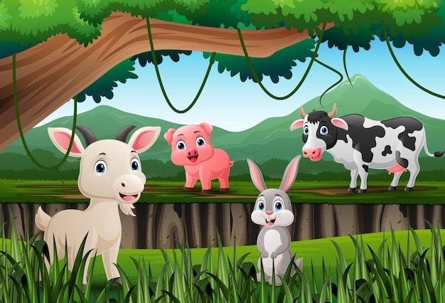 Cartoon farm animals in the jungle