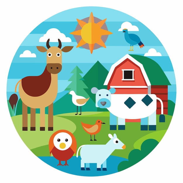 Cartoon farm animals in a sunny meadow with a red barn