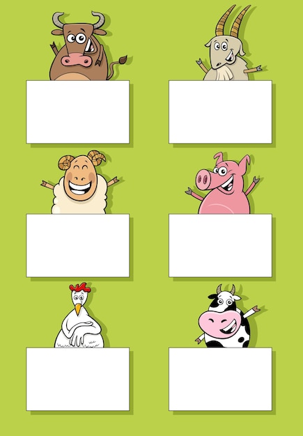 Cartoon farm animals with cards or banners design set