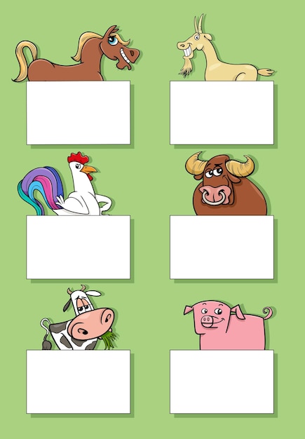 Cartoon farm animals with cards or banners design set