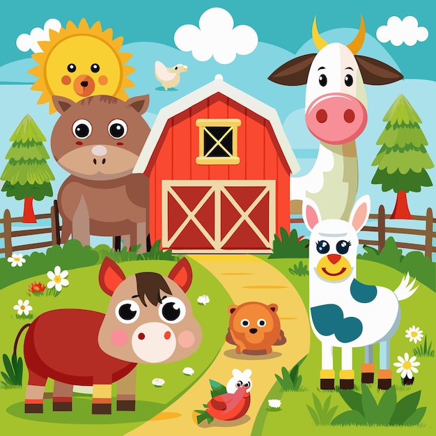 Vector cartoon farm animals with a red barn