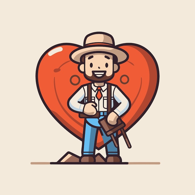 Cartoon farmer with shovel and heart Flat design vector illustration