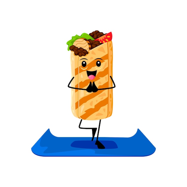 Cartoon fast food burrito funny character on yoga