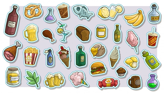 Cartoon fast food and drinks vector stickers