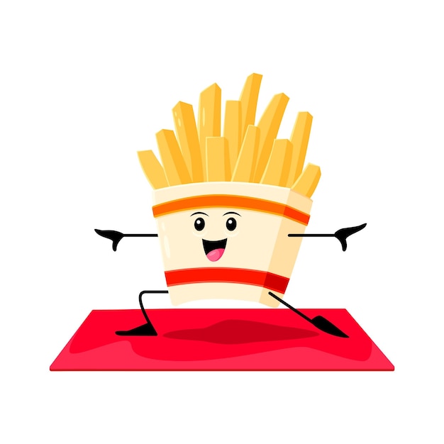 Cartoon fast food french fries character on yoga fitness sport Takeaway menu snack cute personage street cafe meal or fast food restaurant fries isolated vector childish mascot doing exercise on mat