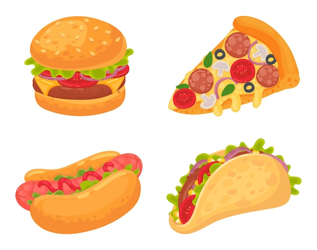 Cartoon fast food meal Pizza with salami mushrooms and tomato burger with grilled meat and vegetables