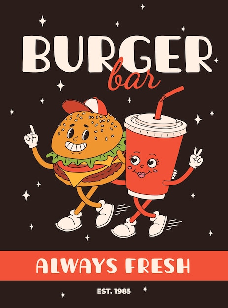 Cartoon fast food poster Retro groovy cards with mascot food characters Brochure design with quote text for cafe Banner with funky groovy burger french fries soda ice cream Fast food delivery