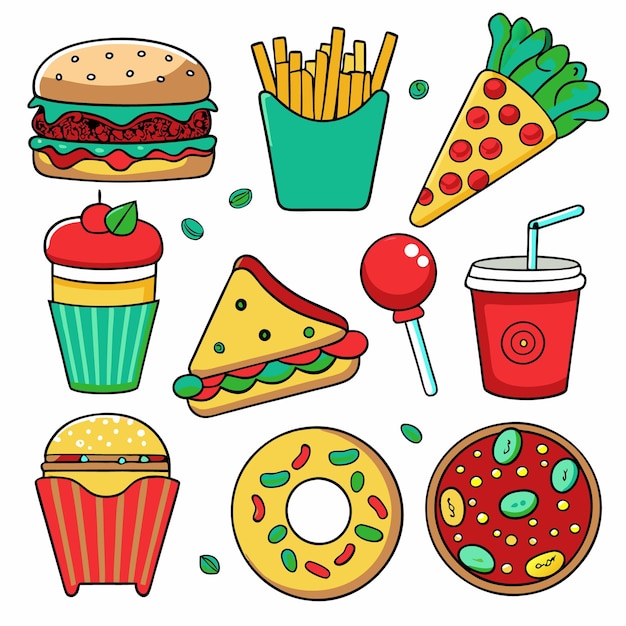 Vector cartoon fast food set with pizza burger fries and donut