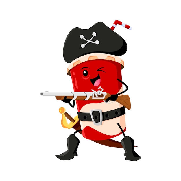 Cartoon fast food soda drink pirate and corsair character Fast food cafe sweet carbonated drink buccaneer childish mascot takeaway restaurant soda cup isolated vector comical personage with musket