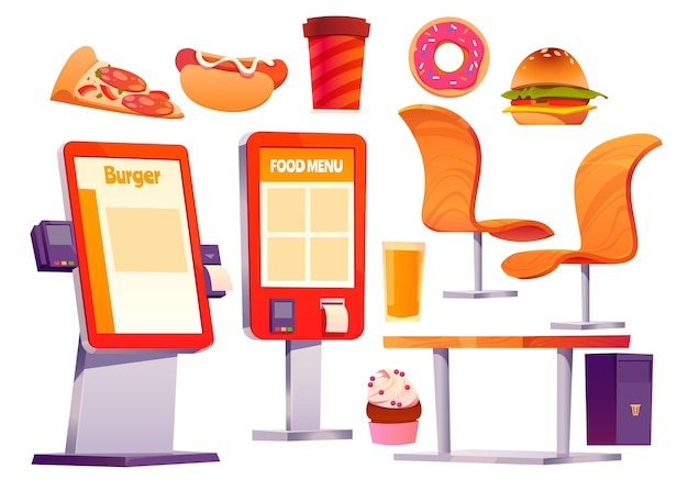 Cartoon fastfood with self kiosk objects