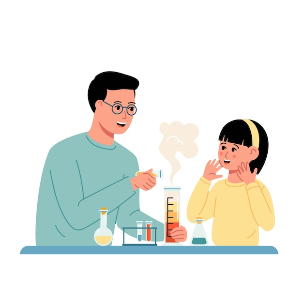 Cartoon father and daughter doing chemistry experiment in laboratory glassware Chemistry lesson