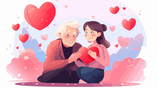 Vector a cartoon of a father and daughter playing with a heart shaped box