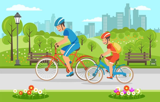 Cartoon father with son riding on bicycles in park