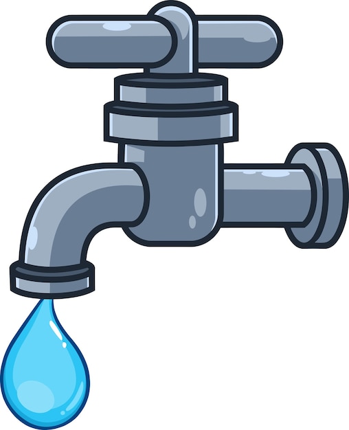 Cartoon Faucet With Water Drop Vector Hand Drawn Illustration Isolated On White Background