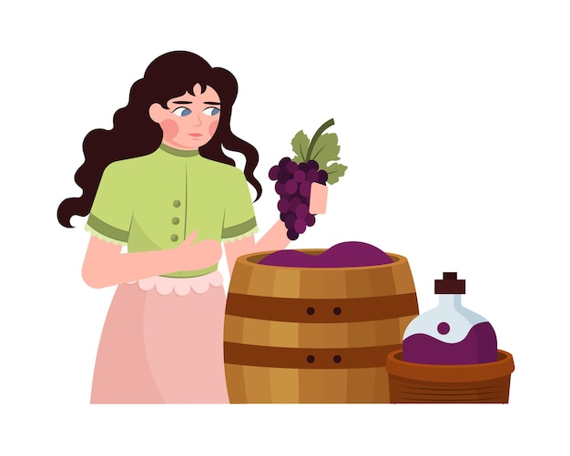 Vector cartoon female character making wine from organic grapes woman dealing with winemaking process cartoon people making alcohol drinks vector illustration