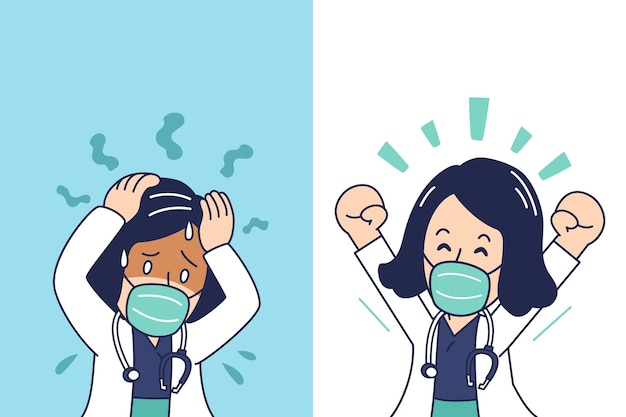 Cartoon female doctor wearing protective mask expressing different emotions for design.