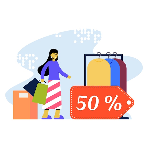 Cartoon female holding shopping bag standing near big discount sticker and going to shopping