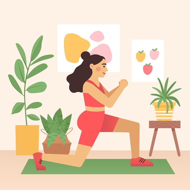 Cartoon female is training doing lunge exercise at home