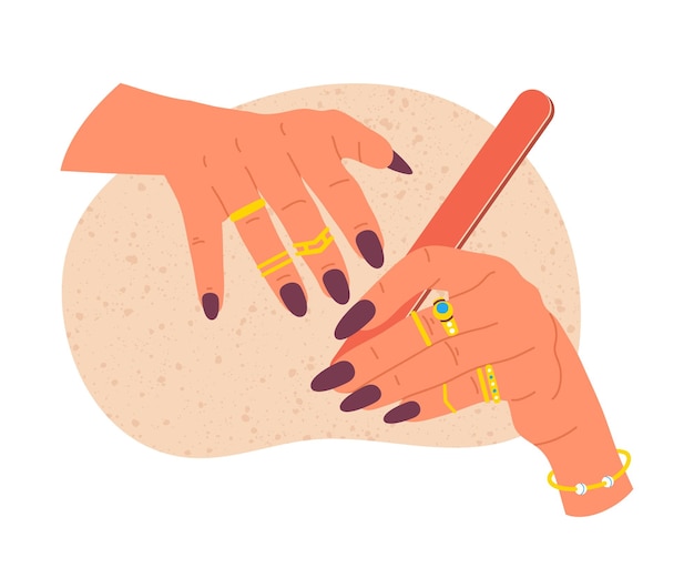 Cartoon female manicured hands girl polishing nails vector illustration trendy manicure concept