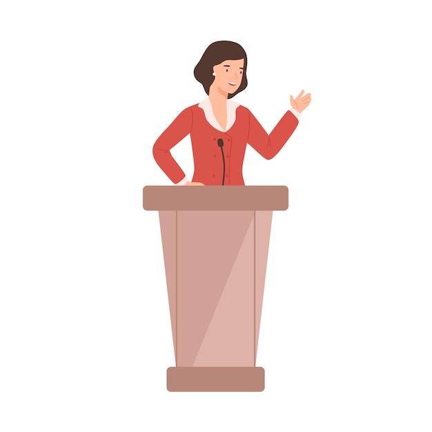 Cartoon female politician perform in front of audience flat illustration