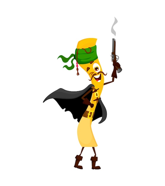 Cartoon fettuccine italian pasta pirate or corsair character Isolated vector traditional noodle armed with a gun sailing the culinary seas ready to protect treasure and ensure delicious pasta feast