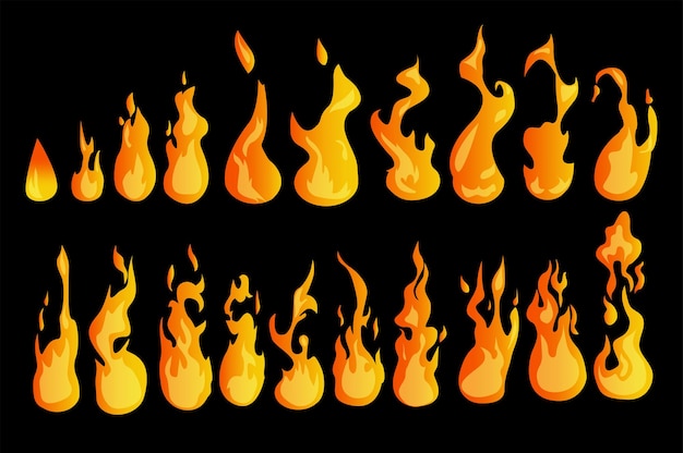 Cartoon fire burning stages concept in the flat cartoon design on a dark background Image of stages