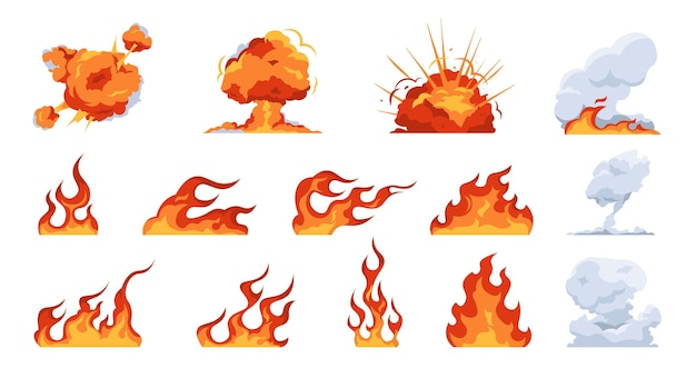 cartoon fire flame. flat fireball smoke and explosion effects, flames of different shapes