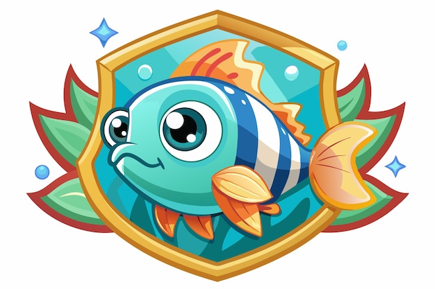 Vector cartoon fish with big eyes in a golden shield