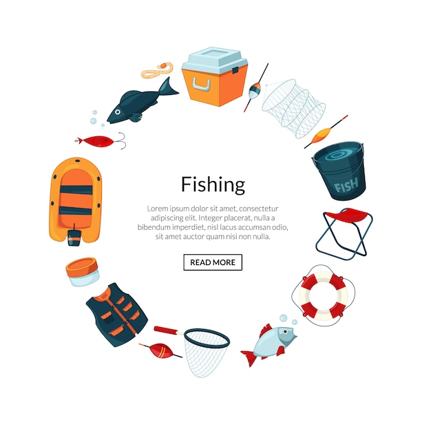  cartoon fishing equipment in circle form with place for text in center 