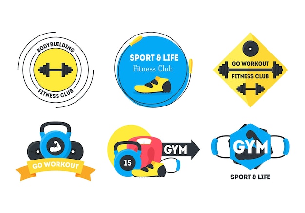 Cartoon Fitness Badges or Labels Set Flat Style Design Elements