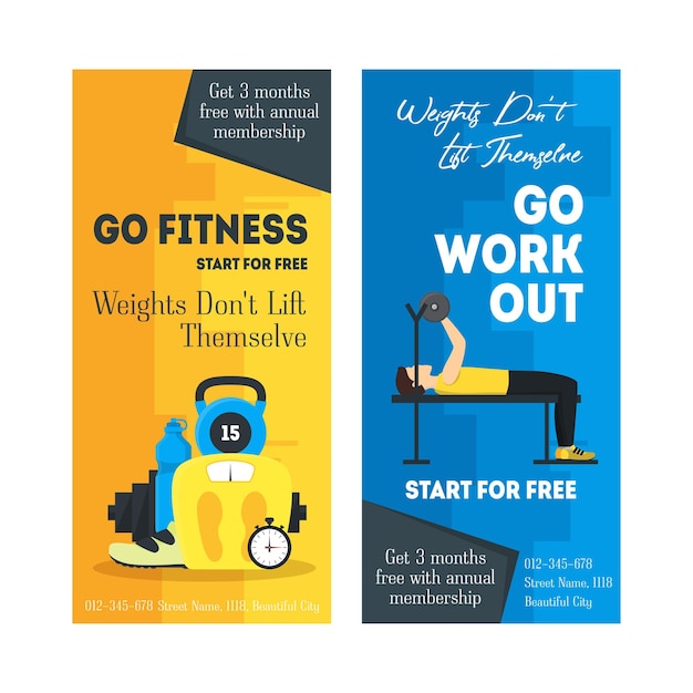 Cartoon Fitness Sport Banner Card Vertical Set Concept Care Health Vector illustration