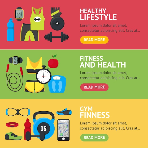 Cartoon Fitness Sport Healthy Lifestyle Banner Horizontal Set Clothing and Equipment for Workout Flat Design Style. Vector illustration