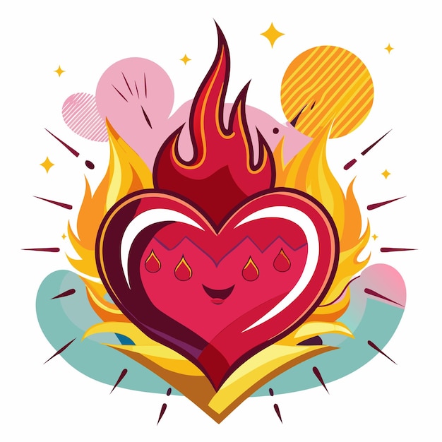 A Cartoon Flaming Heart With a Smiling Face and Droplets