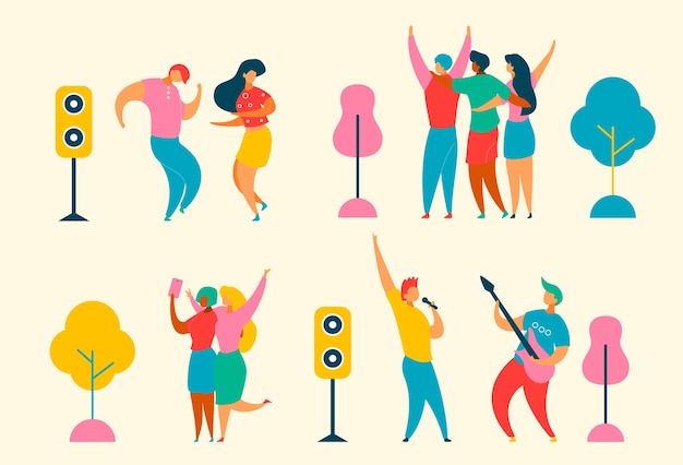 Cartoon flat characters set for jazz,rock music fest concept-singer,musicians,guitar,loudspeakers.Happy trendy people dancing,rejoice,making selfie on musical festival party